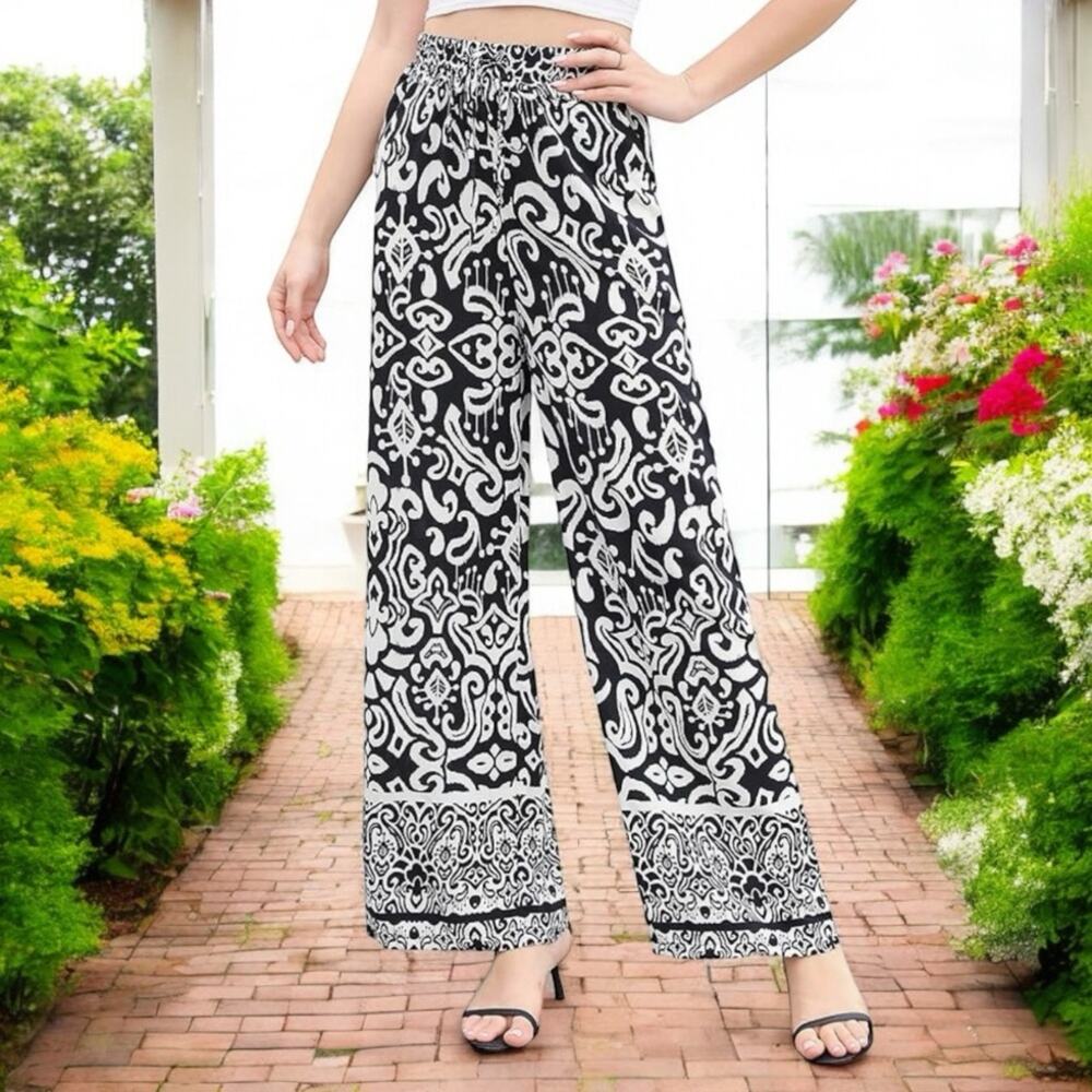 NEW We Love Wide Leg Elastic High Waist Printed Boho Hippie Palazzo Pants M N…